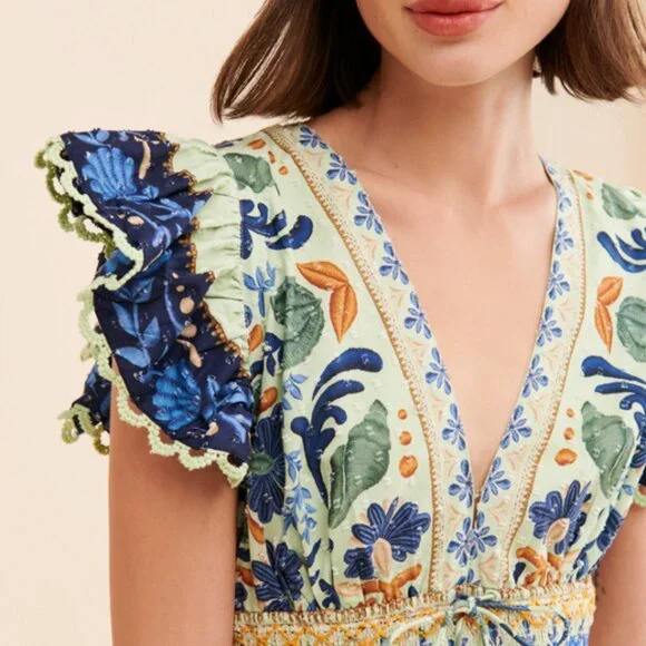 Anthropologie Farm Rio Ocean Tapestry Maxi Smocked Green Blue Lace Midi Dress - Picture 4 of 11